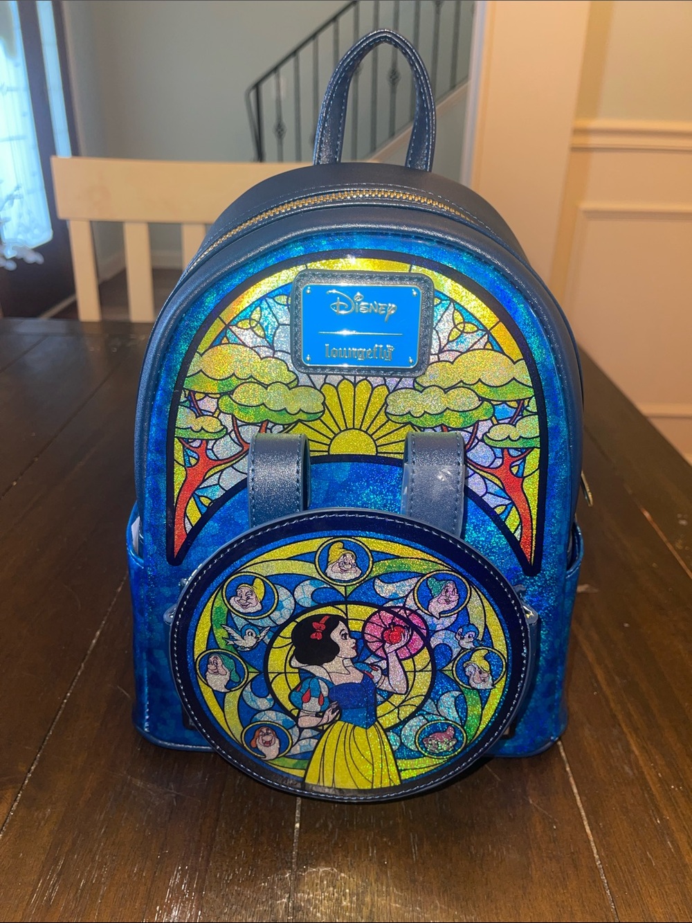 NWT Smoke smell”Loungefly Blue Iridescent Snow White Stained Glass Mini Backpack